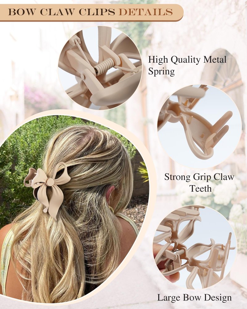 4 PCS Bow Hair Clips Bow Claw Clip for Women, Large Hair Claw Clips for Thin Thick Long Hair Cute Nonslip Bows (Black+Grey+Dark Brown+Light Brown)