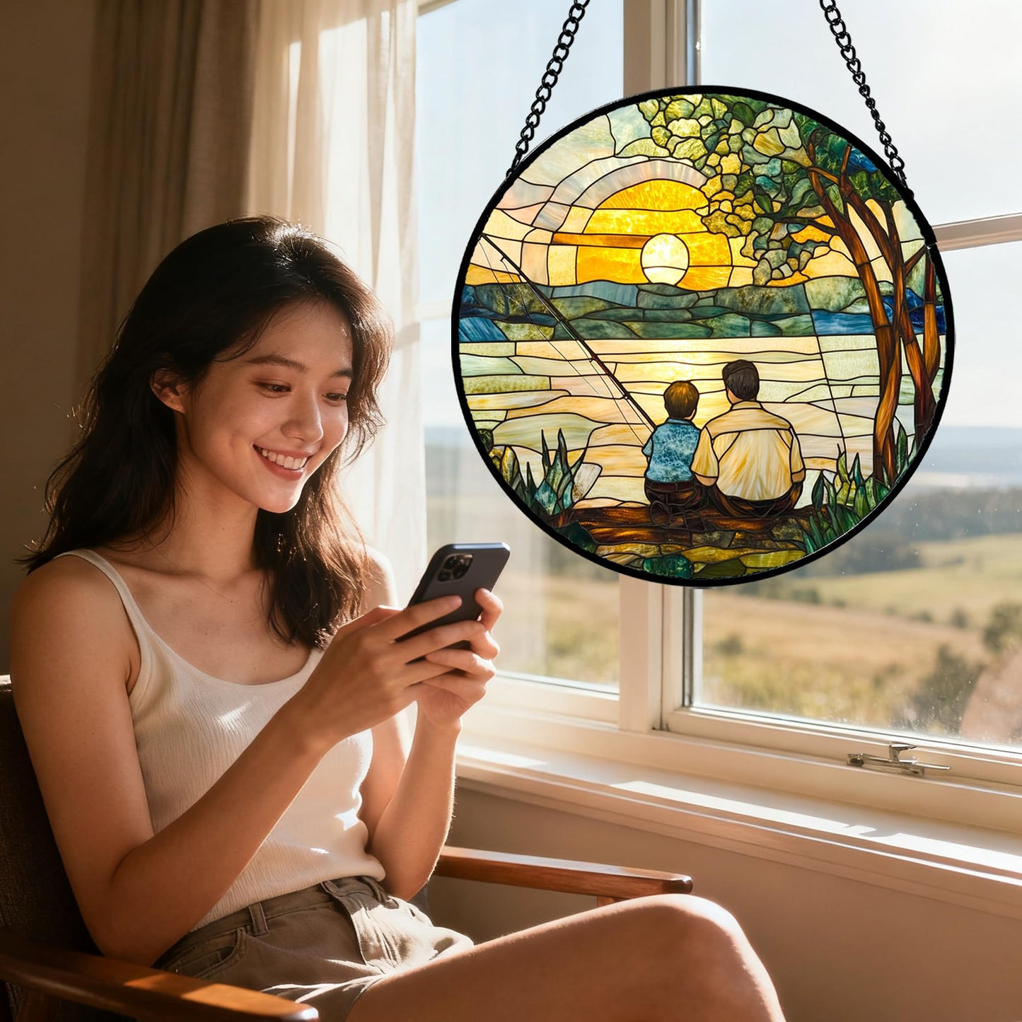 QZQCBLC Stained Glass Window Hanging Sunset View by The Lake 7.8" - Family Fishing Suncatcher Door Garden Sun Catcher Home Decor Birthday Christmas for Mom Men Woman Nana
