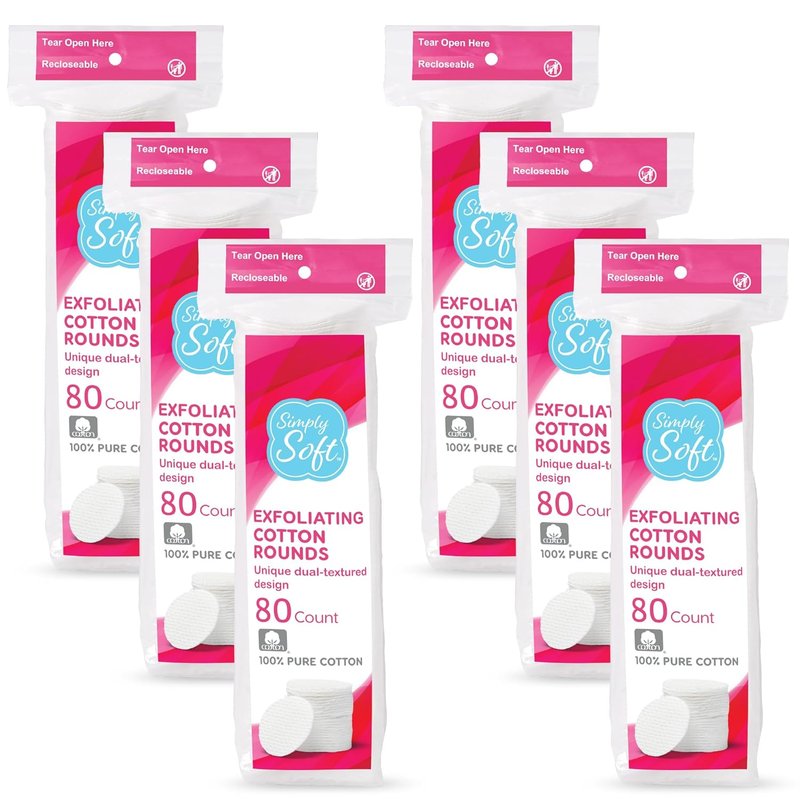Hypoallergenic Exfoliating Cotton Rounds - Soft Dual Textured Pads | 80 Count (Pack of 6)
