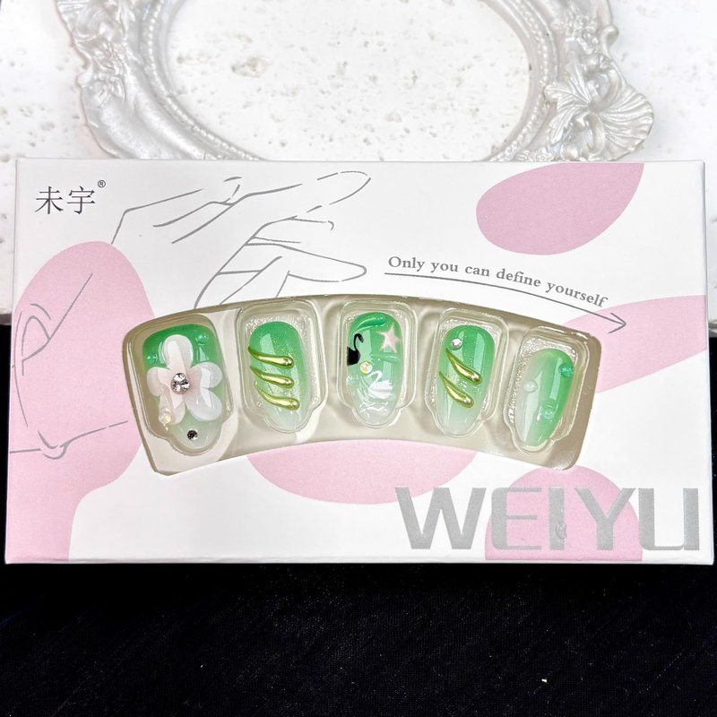 Green Ombre Press on Nails with 3D Flower & Swan Design, Glossy Almond Fake Nails with Rhinestones, Cute Glue on Nails for Spring & Women, 30 Pcs