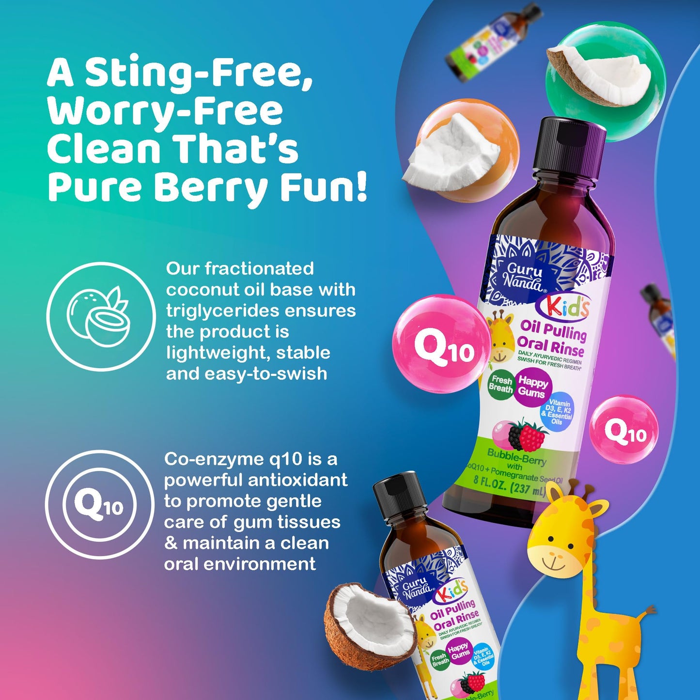GuruNanda Kids Oil Pulling, Alcohol-Free Mouthwash, Essential Oils & Vitamins for Fresh Breath & Happy Gums for Ages 6 & up, Natural Bubble Berry, 8 Oz