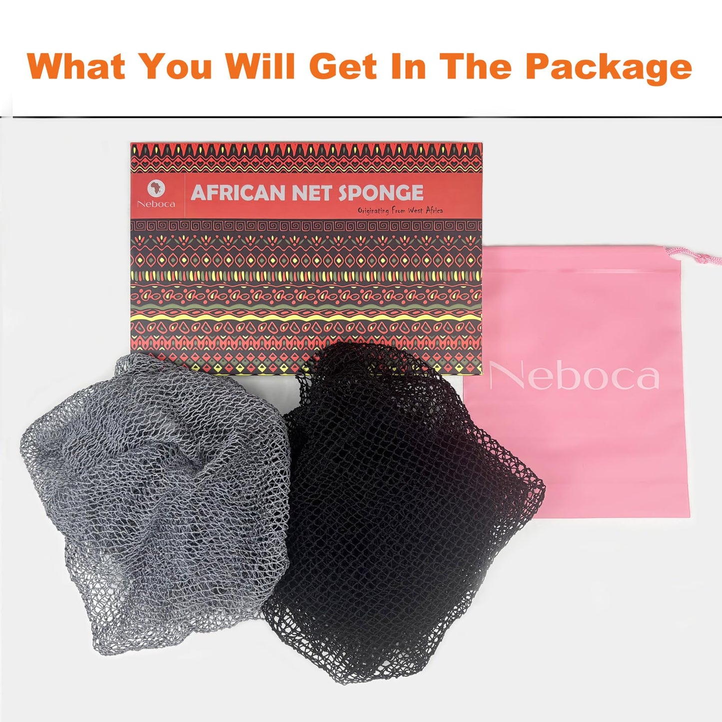 African Net Sponge Authentic African Exfoliating Net Sponge with Knots Afro Body Scrub Back Scrubber Africa Wash Net Cloth Real Sapo Bath Sponge for Shower (Gray & Black)