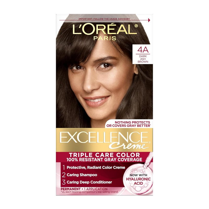 L'Oreal Paris Hair Dye - Excellence Crème for 100% Gray Coverage | 4A Dark Ash Brown, Triple Care Formula