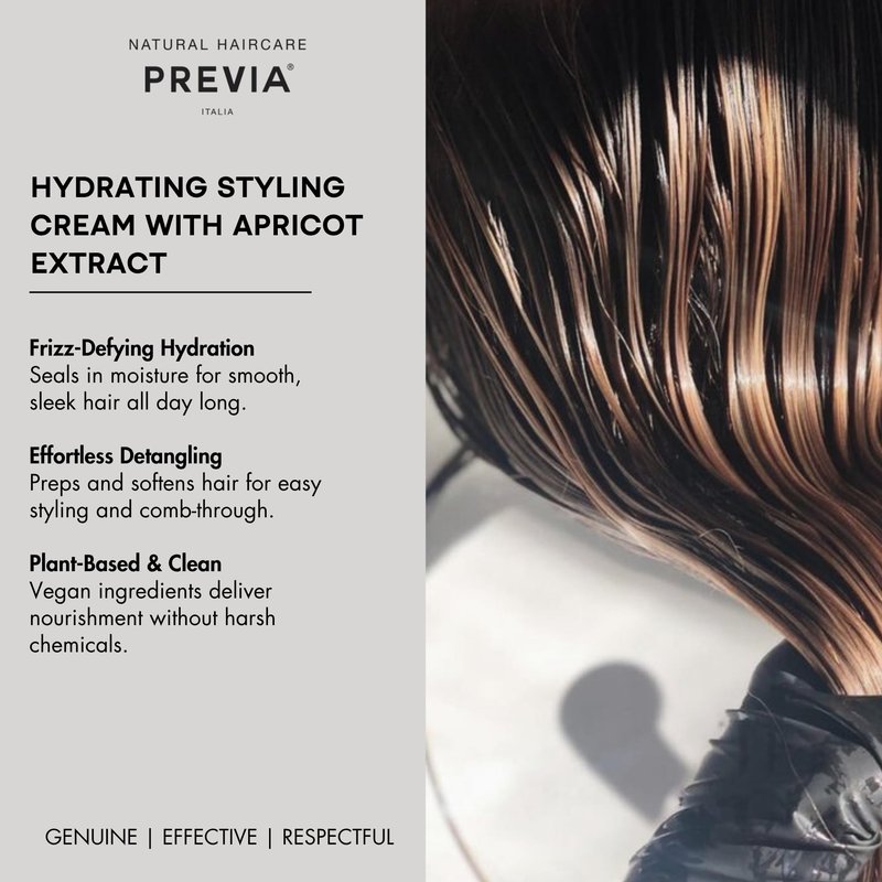 PREVIA Anti Frizz Leave-In Creme - Hydrating Styling Cream for Frizzy Hair with Apricot Extract - Detangles & Preps Hair for All Hair Types - Vegan Paraben Free Moisturizing Frizz Control 3.38 oz