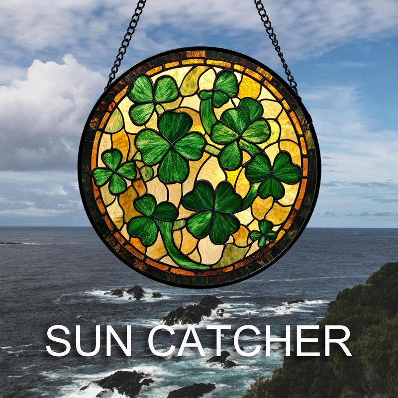 QZQCBLC Stained Glass Window Hanging Green Retro Lucky Clover 6.3" - Suncatcher Door Garden Sun Catcher Ireland Decor Birthday Mother's St. Ripack's Day Gift for Woman Mom Men Friend Nana Wife