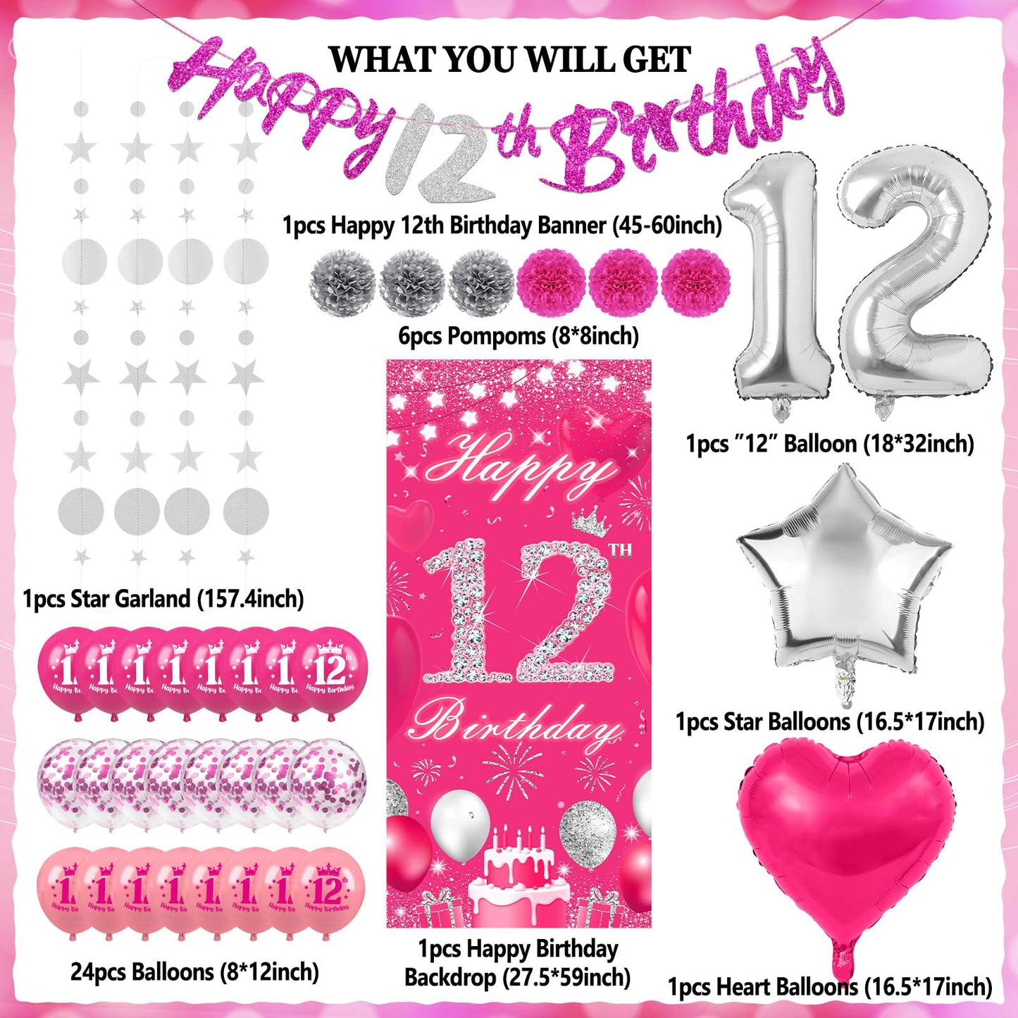 TSVATE 12th Birthday Decorations for Girls, Daughter, Pink 12 Year Old Girl Birthday Decorations, Happy 12th Birthday Banner, Backdrop, Yard, Door, Wall, Number 12 Balloon, Pompoms, Star Garland