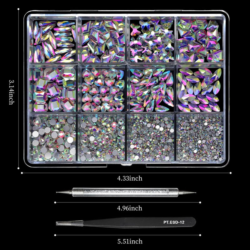Cycullinyt 1660Pcs Crystal AB Nail Art Rhinestones: 8 Types of Multi Shapes Diamonds + 4 Sizes Flatback DIY Crafts Rhinestone Crystals 3D Glass Stones Set + Tweezer + Pickup Pen