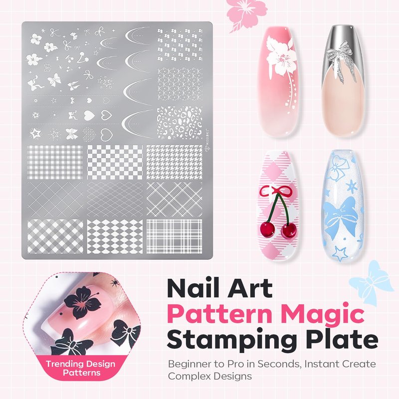 Modelones 16PCS Plaid Nail Stamping Kit – French Tip Stamper White Black Painting Gel Polish Chrome Powder Proof Matte Gel Top Coat Gingham Template Dual Nail Art Brush Summer Manicure Gift for Women