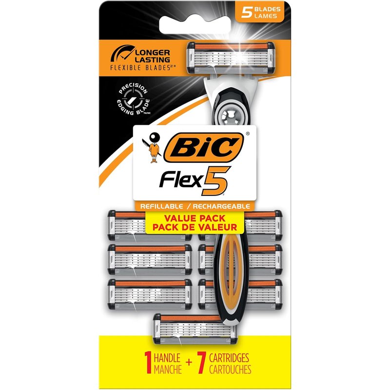BIC Flex 5 Titanium Disposable Razors for Men - 4 Piece Set | Refillable Razors with 1 Handle & 7 Cartridges