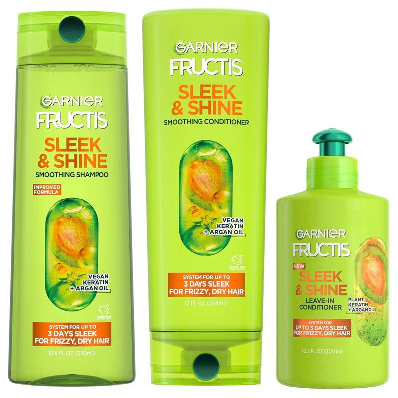 Garnier Fructis Sleek & Shine Shampoo Set - Frizz Control with Plant Keratin & Argan Oil | 3 Items