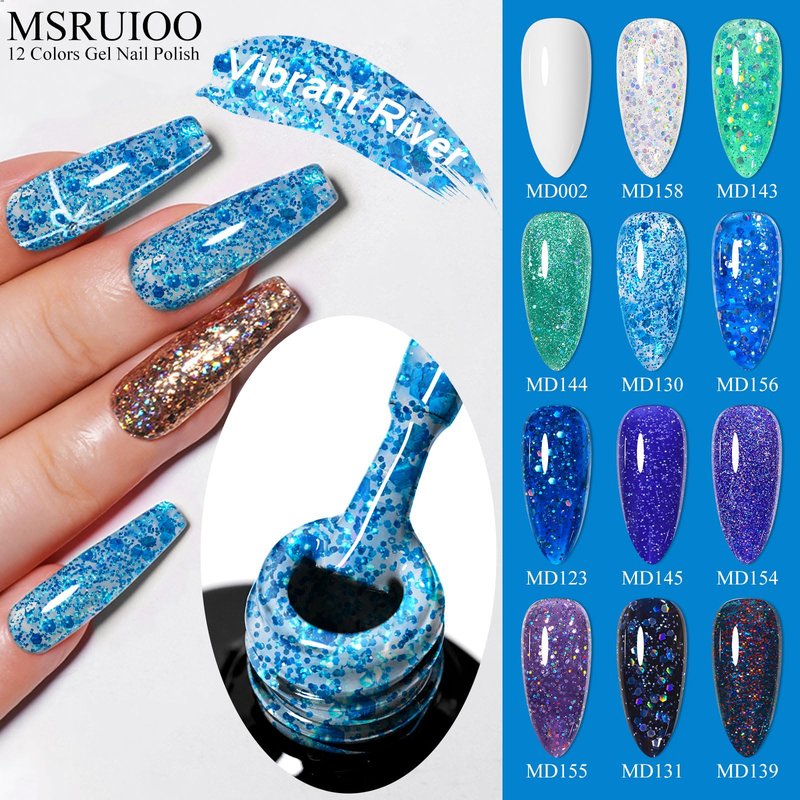 MSRUIOO 12Pcs Glitter Gel Nail Polish Set Purple Blue Glitter Aquarius Holy Water Collection Gel Polish Kit UV Nail Art Design Set DIY Manicure Gifts for Women