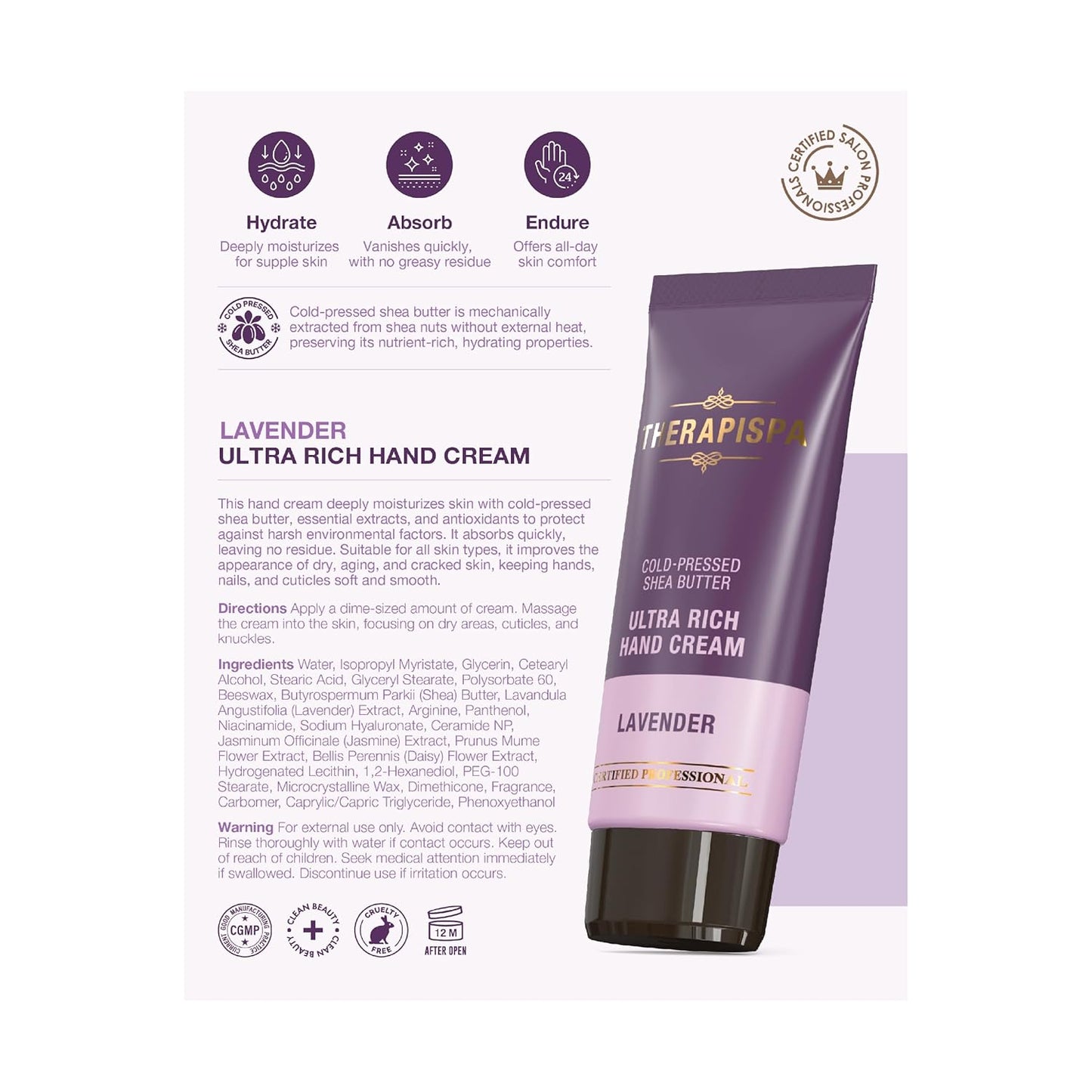 Ultra Rich Hand Cream - Intensive Hydration & Repair for Dry Hands | Shea Butter, Ceramides, Niacinamide, Lavender, 2 oz