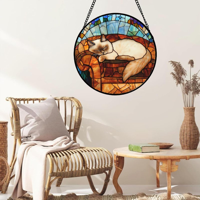 GEFOS Stained Glass Window Hanging Cat Sleeping On The Sofa 7.8" - Suncatcher Door Garden Sunroom Sun Catcher Home Decor Birthday Christmas for Lost Pets Mom Men Woman