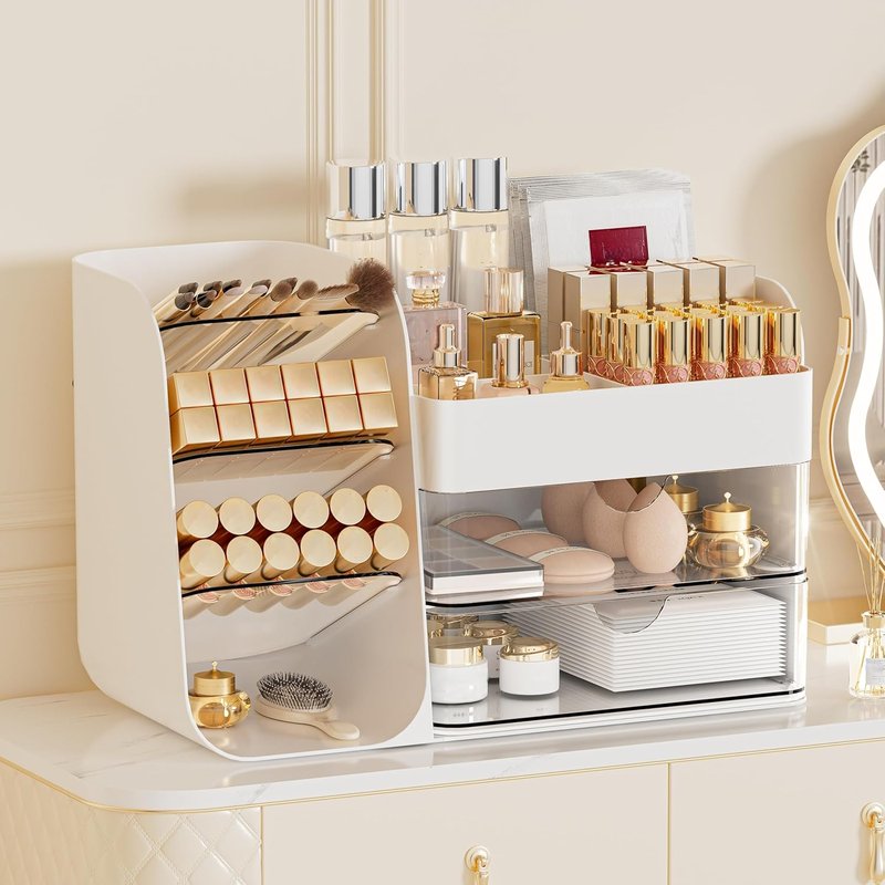 Makeup Organizer - 2 Drawer Cosmetic Storage Case with Brush Holders | Vanity & Bathroom Countertop Organizer (White, Medium)