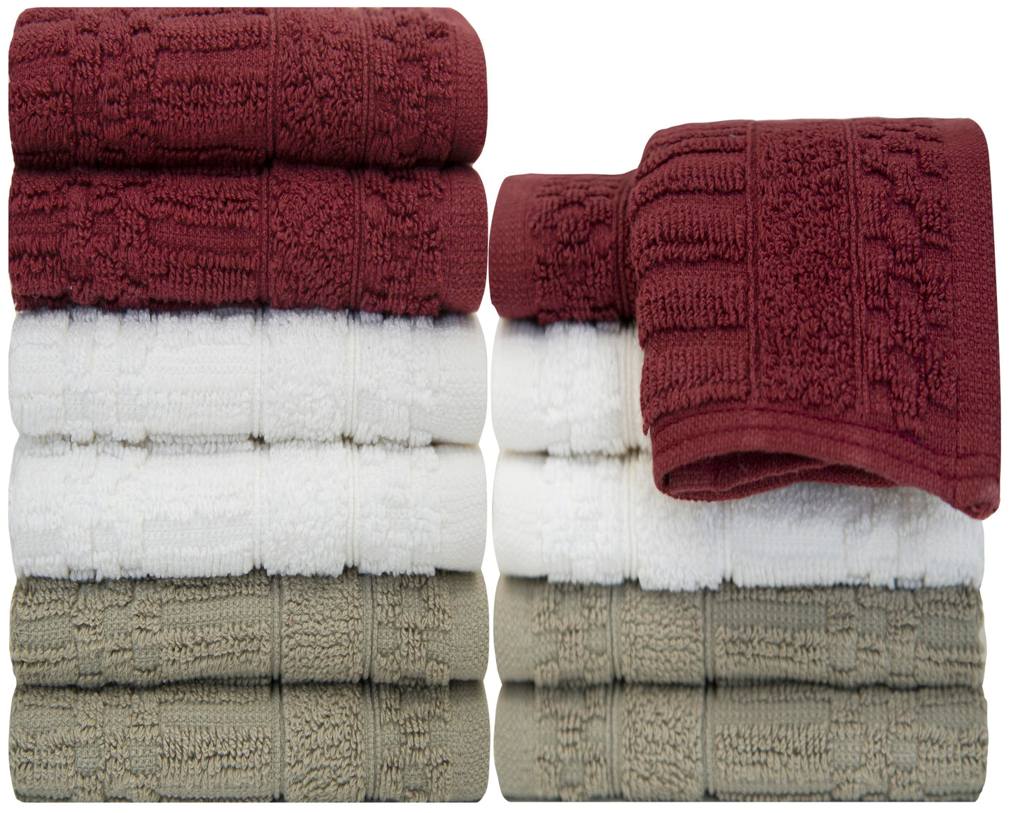 PH Pleasant Home Diamond Wash Cloths Set - 12 Pack (12” x 12”) – 509 GSM - 100% Ring Spun Cotton Wash Cloth - Super Soft and Highly Absorbent Face Towels (Maroon, White & Tan)