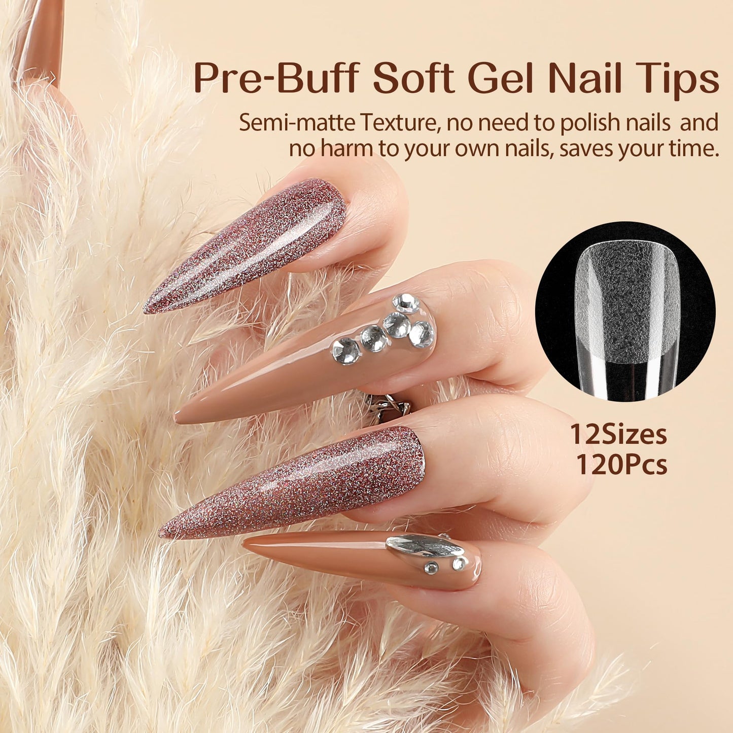 UNA GELLA Stiletto XXL Nail Tips No Need File Extra Long Stiletto Nails Full Cover 120PCS Long Almond Gel Nail Tips Pre-buff Press on Fake Nails for Gel Nail Extension Home DIY Salon 12 Size