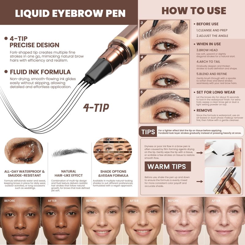 2 Pack 4-Tip Microblading Eyebrow Pen with 2 Brow Brushes, Waterproof Vegan Formula Eyebrow Pencils for Women to Effortlessly Create Natural Hair-Like Strokes, All-Day Wear (Soft Brown)