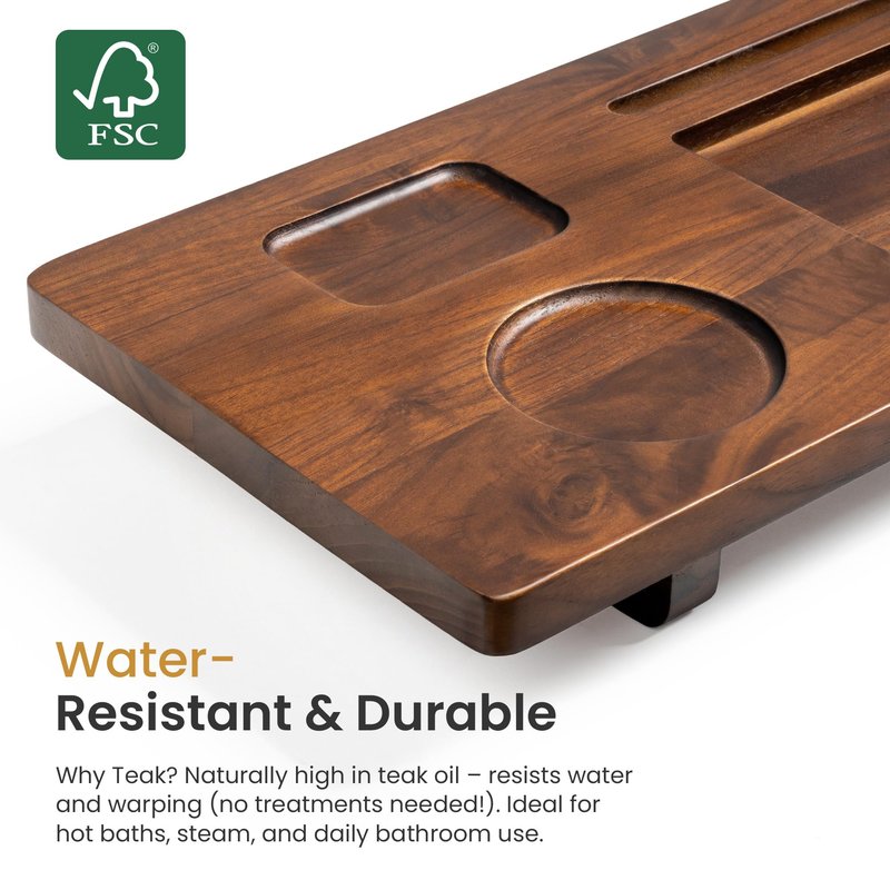 Realgulf Teak Bathtub Tray for Freestanding Tubs - 29" Heavy-Duty Luxury Bath Caddy, Non-Slip Zero-Wobble Design, Water-Resistant Spa Organizer with Wine Glass & Phone Holder