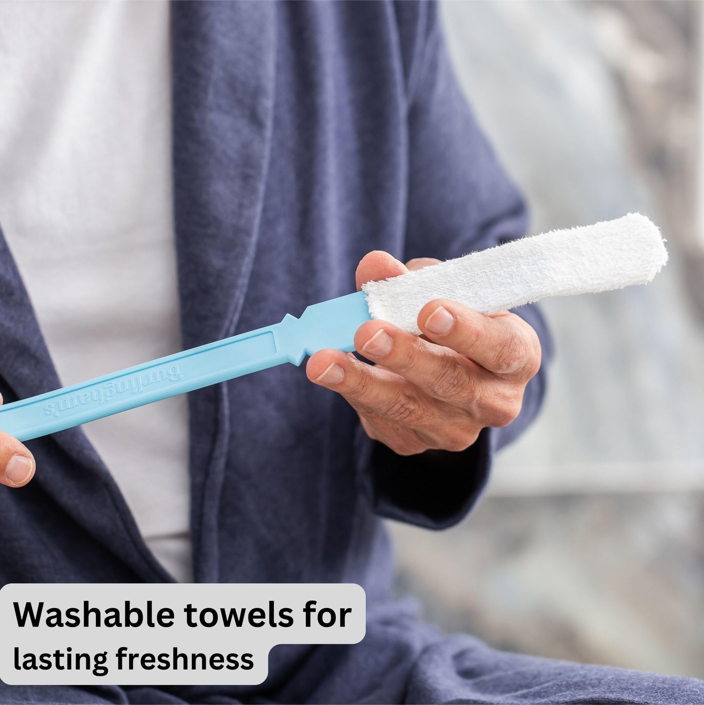 Burlingham's Toe and Foot Towel Brush with Reusable Drying Covers Long 17” Handle for Cleaning Between Toes, Soft Skin Exfoliation,for Seniors, Adults, Kids (Toe Towel Brush + 3 Covers)