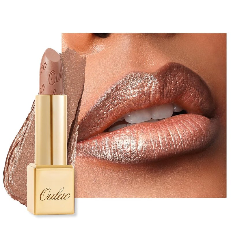 Oulac Metallic Lipstick - Lightweight Hydrating Formula, Full Coverage in Metallic Golden Nude, Vegan Beauty