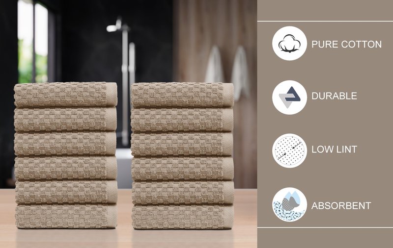 COTTON CRAFT Euro Spa Waffle Wash Cloth - Set of 12 Luxury Pure Ringspun Cotton Waffle Weave Bathroom Face Towel - Everyday Absorbent Hotel Gym Shower Beach Kitchen Travel Dorm - 12x12 inches - Linen