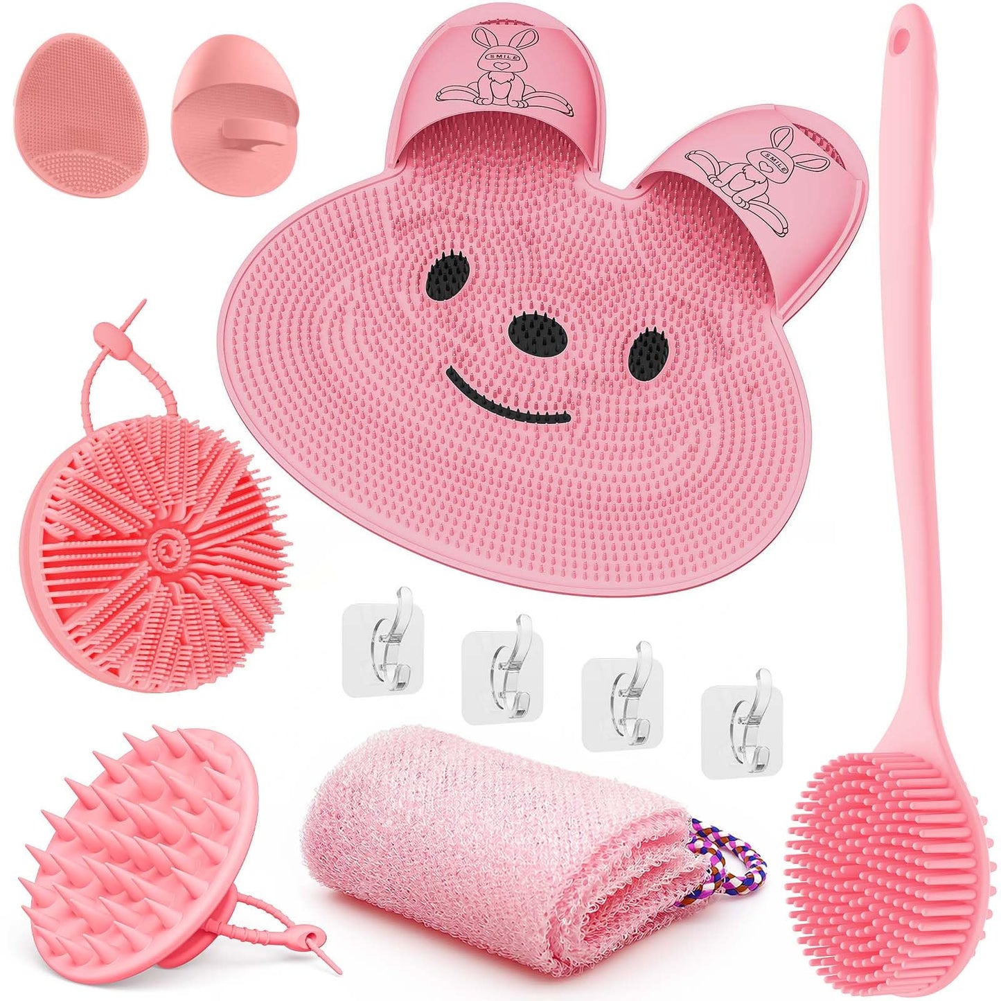 Manmihealth Rabbit-Shaped Silicone Foot Brush Mat for Shower with Non-Slip Suction Cups, Silicone Back Scrubber with Long-Handle, Shower Face Body Scrubber, Scalp Massager, Bath Sponge Net Set (Pink)