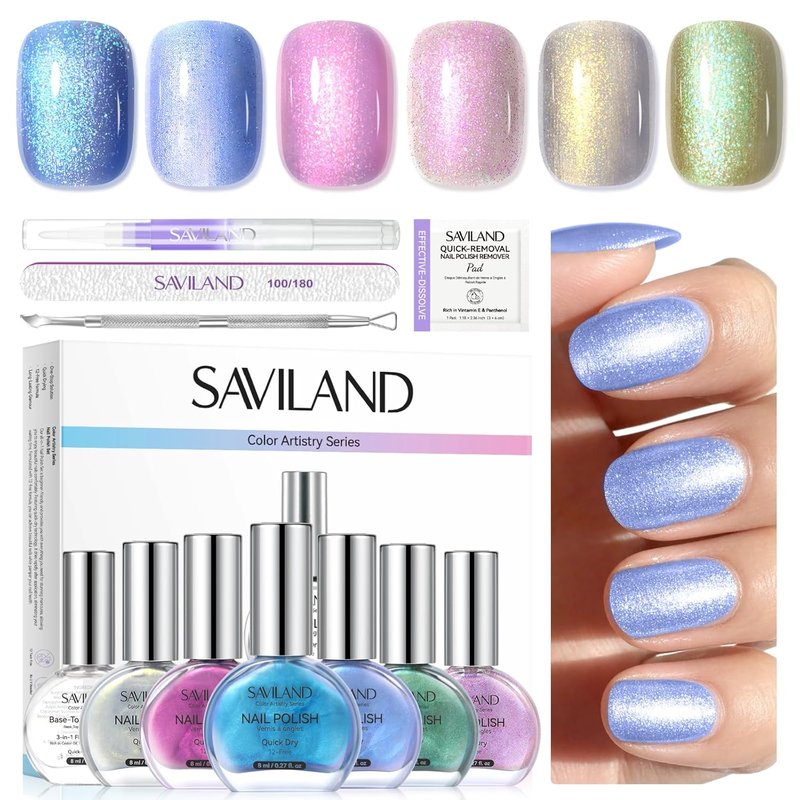 Aurora Nail Polish Kit - Quick-Dry 6+1 Colors Set with 3-in-1 Base, Top Coat & Cuticle Oil | Pearl Glitter Pink, Blue, Green, 12-Free