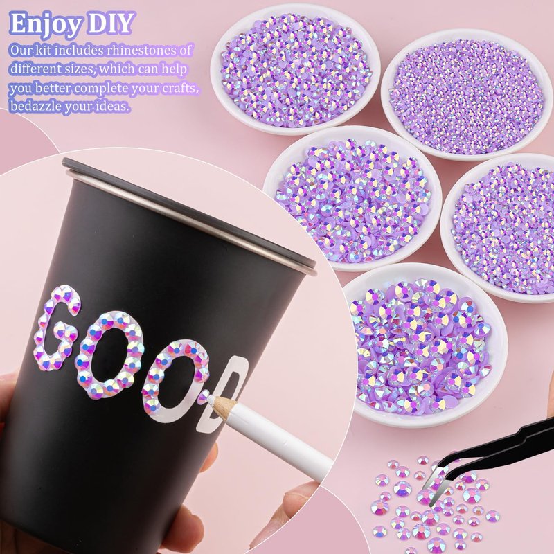 25000Pcs Resin Rhinestones for Crafting, Lavender Purple AB 2-6mm Mixed Sizes Non Hotfix Flatback Gems with 1Pcs Glue, Bedazzling Crystal for DIY Craft Clothing Mugs Tumblers Shoes Decor Nail Art