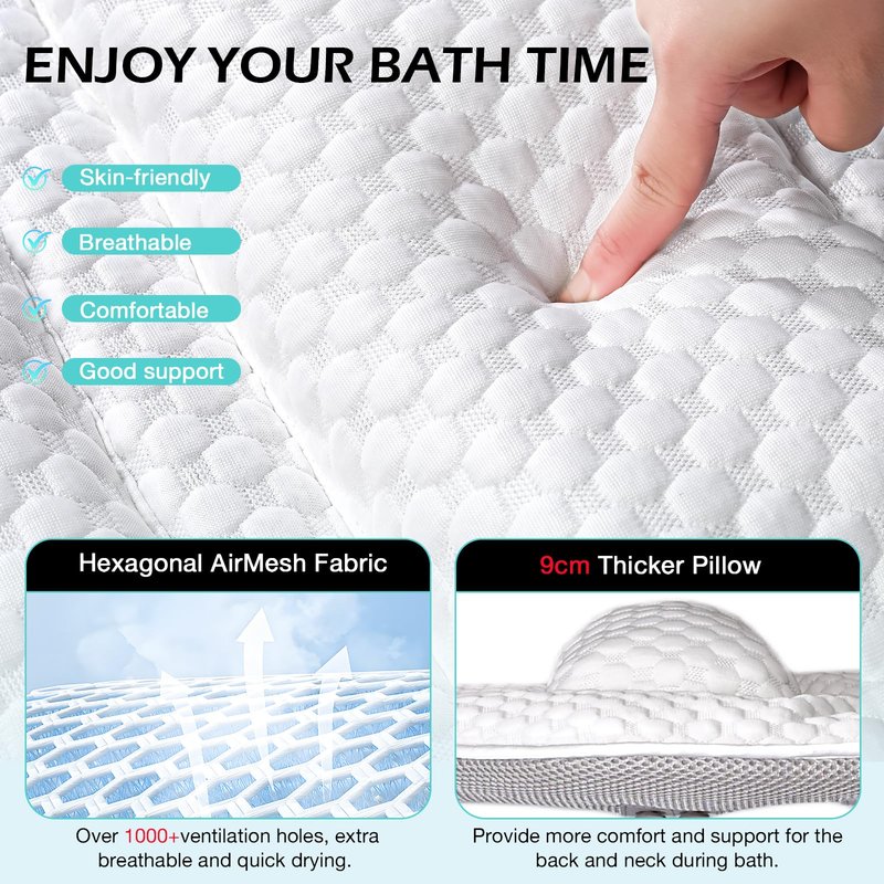 Full Body Bath Pillow for Bathtub, Thick Soft Tub Cushion with Non-Slip Suction Cups Dual Hooks, Luxury Spa Pillow for Neck Back and Hip Support, 55" x 18"