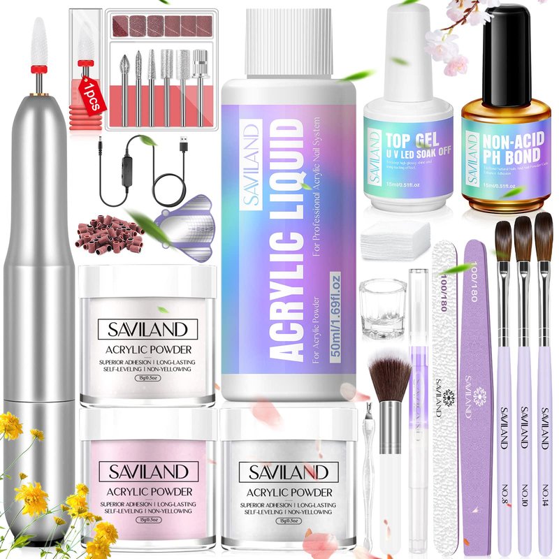 Saviland Acrylic Nail Kit with Drill - Clear/White/Pink Acrylic Powder and Liquid Set with Acrylic Nail Brush Nail Drill Non-acid PH Bond Top Gel Basic Nail Tools for Nail Starters DIY French Manicure