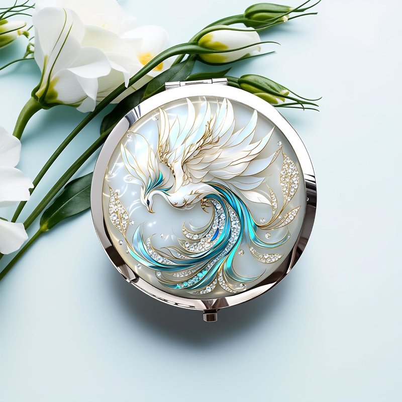 Double-Sided Compact Mirror - 2.8x2.8 Inch Folding Makeup Mirror with Elegant White Phoenix Design | Perfect Gift for Women