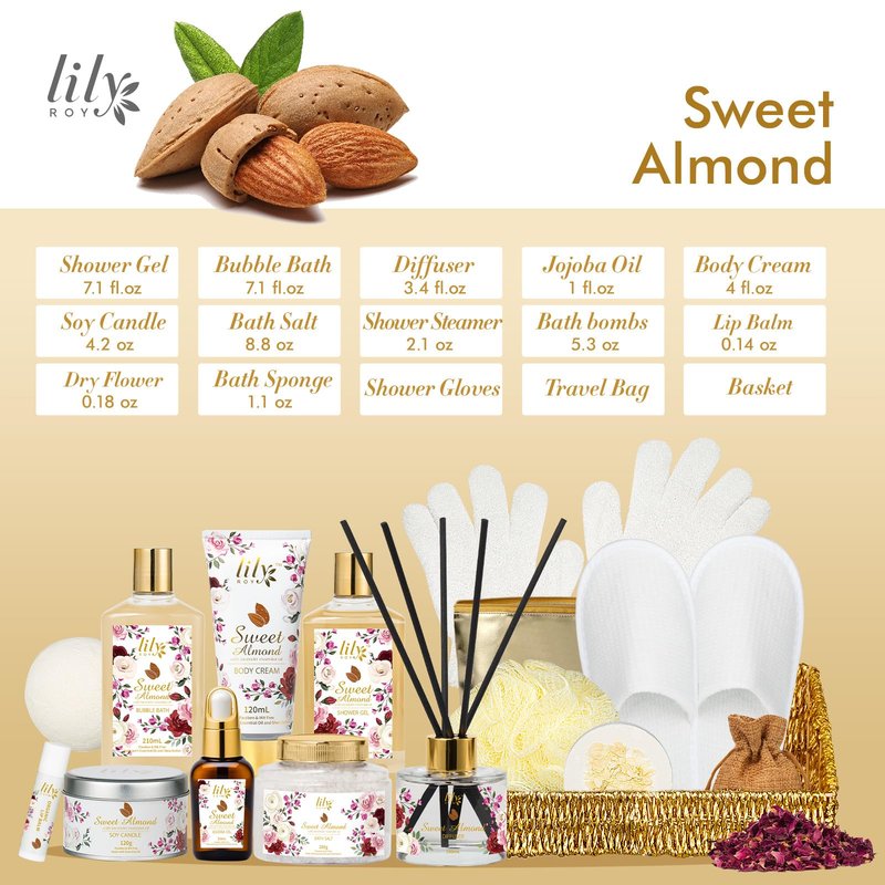 Gifts for Women, Birthday Gifts - 17Piece Honey Almond Spa Gift Basket for Women, Bath and Body Gift Basket Set with Shower Gel | Christmas, Valentines Day, Mothers Day Gift Basket for Mom, Her, Wife