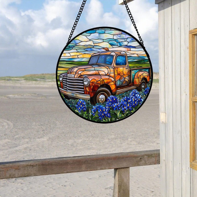 QZQCBLC Stained Glass Window Hanging Retro Truck Blue Flower View 6.3" - Suncatcher Door Garden Kitchen Sun Catcher Home Decor Birthday Christmas for Mom Woman Wife Men Nana