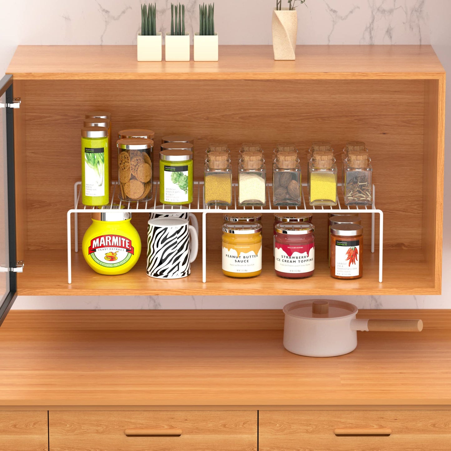 iPEGTOP Set of 2 Expandable Kitchen Cupboard Organiser, 4-Piece Adjustable Freezer Cabinet Storage Wire Shelf Rack Rustproof Metal Shelves Space Saver for Countertop Pantry Drawer Utensils (White)