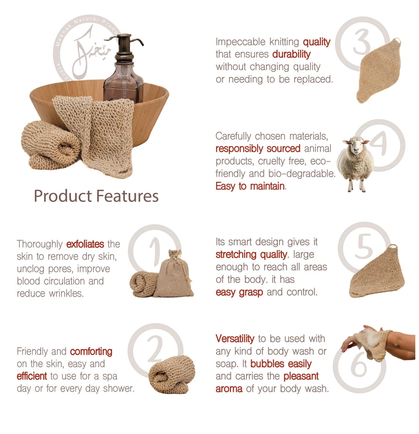 Natural Loofah Exfoliating Body Scrubber, Handmade Durable Wash Cloth, Back Scrubber with Handles for Bath and Shower, Deep Clean, Skin Care, Kurdish Loofah, Bath Accessories