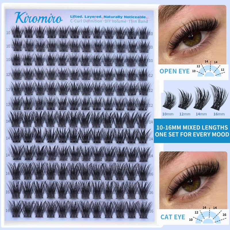 Kiromiro Lash Clusters - 10-16mm Wispy DIY Eyelash Extensions | 144pcs Natural C Curl Lashes
