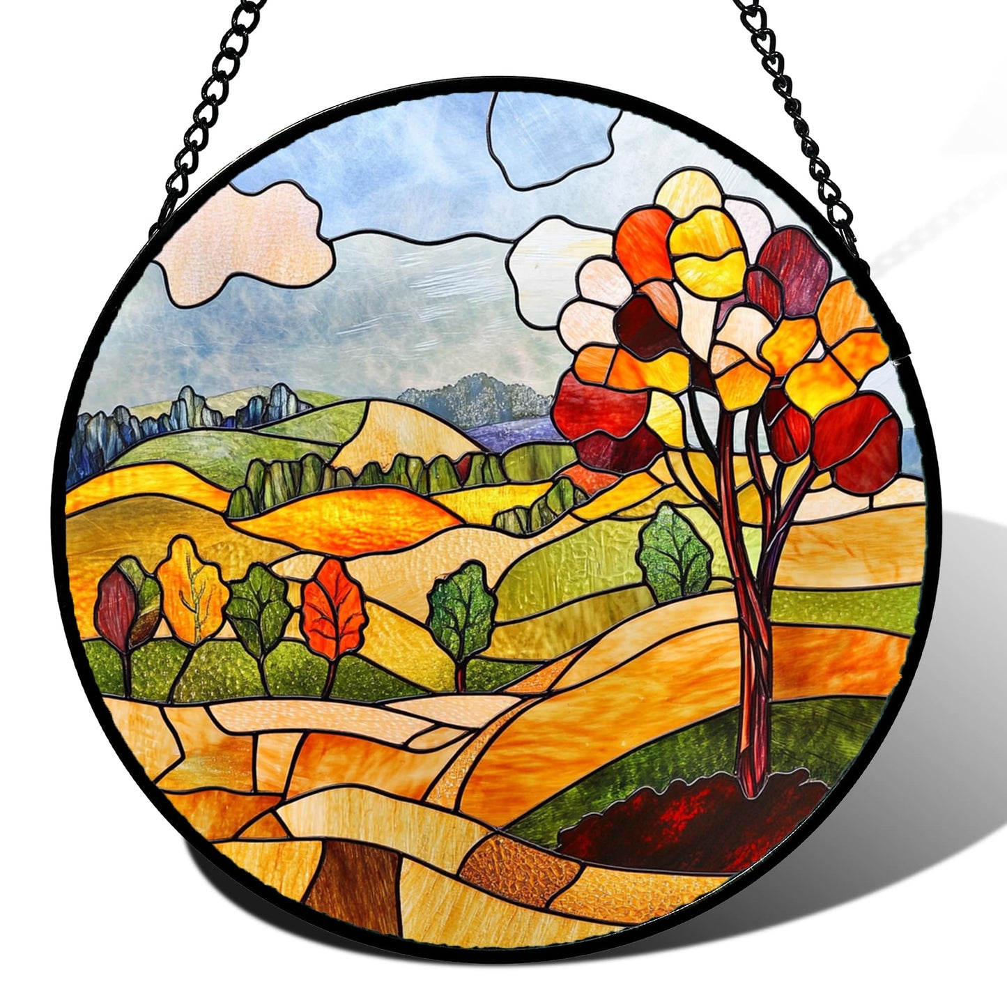 QZQCBLC Stained Glass Window Hanging Orange Mountains Trees Farm Landscape 6.3" - Suncatcher Door Garden Sun Catcher Home Decor Birthday Christmas for Mom Men Woman Friend