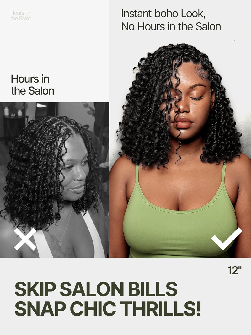 Frodio Veralux™ 13x6 HD Lace Frontal Wig Glueless 12" Cruly Boho Braids Water Wave Pre-Cut Lace Wig Premium Fiber Braided Beginner Friendly 12 Inches Natural Black