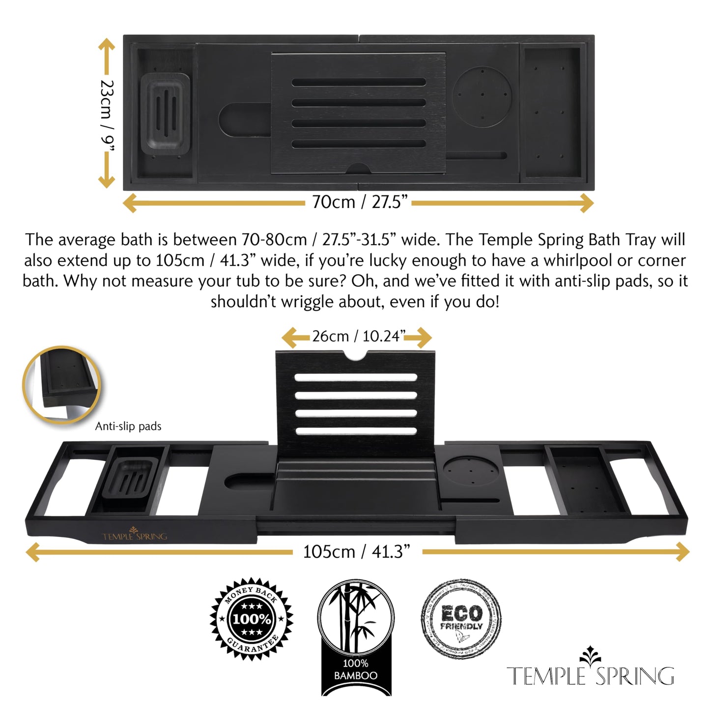 Temple Spring Bamboo Bathtub Tray Caddy for Tub — Expandable Wood Bath Tray with Solid Book Stand Wine Holder and Non-Slip Pads — Includes Bamboo Soap Dish and Spa Accessories — Luxury Bath Gift Set