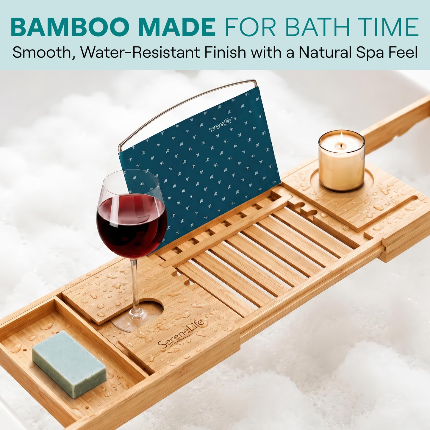 SereneLife Premium Bathtub Tray Caddy with Gift Box and Bow Set, Expandable Bath Tray, Unique House Warming Gifts for Mom, Women, Wedding, Anniversary, Bridal Shower, Fit for All Tub - Natural