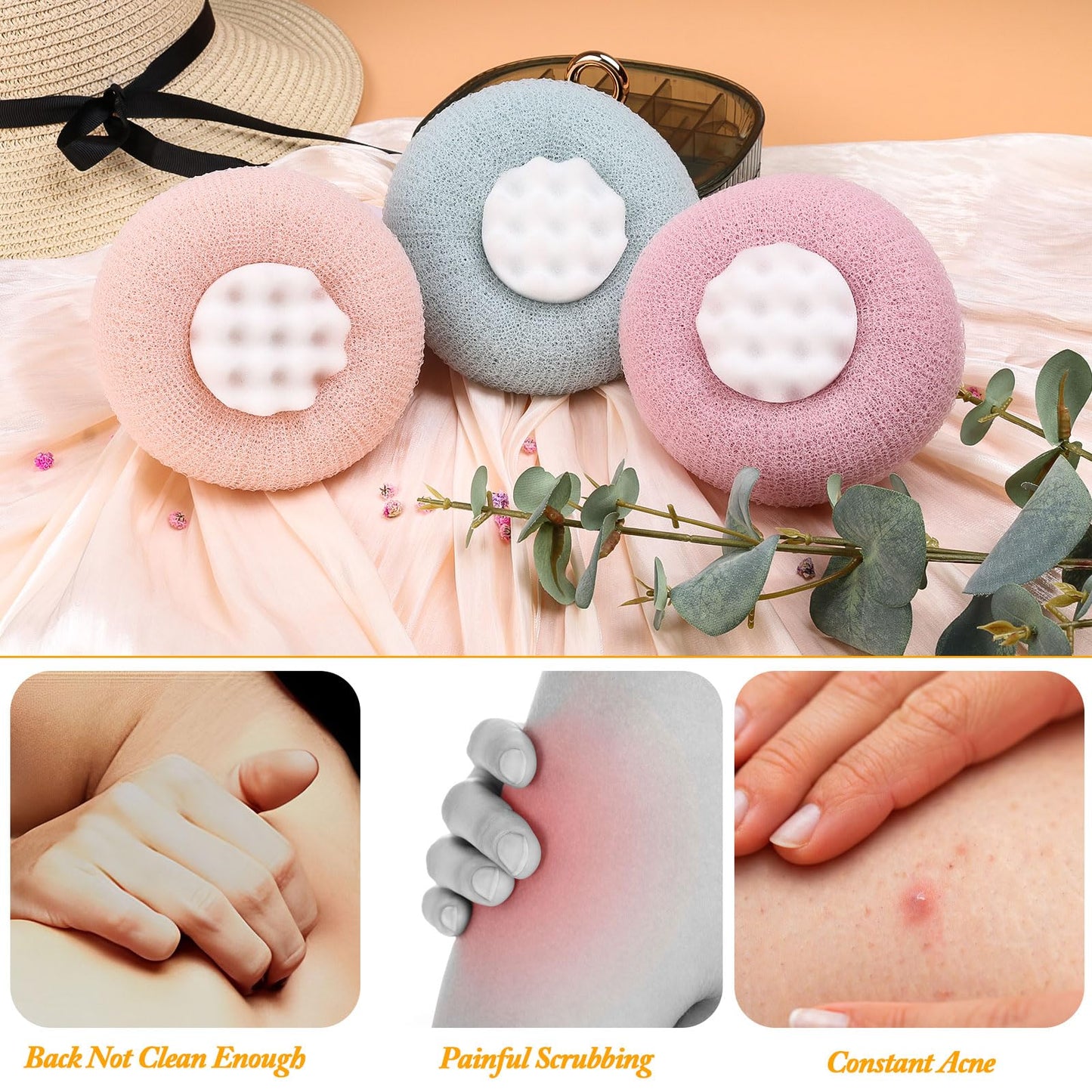 FWUNYVN 3Pcs 2-in-1 Sunflower Bath Ball, Super Soft Exfoliating Bath Sponge Cleaning Brush, Bath Loofah Sponge，Hangable Suction Cup Bath Ball for Women Men(Pink+Blue-Green+Purple)