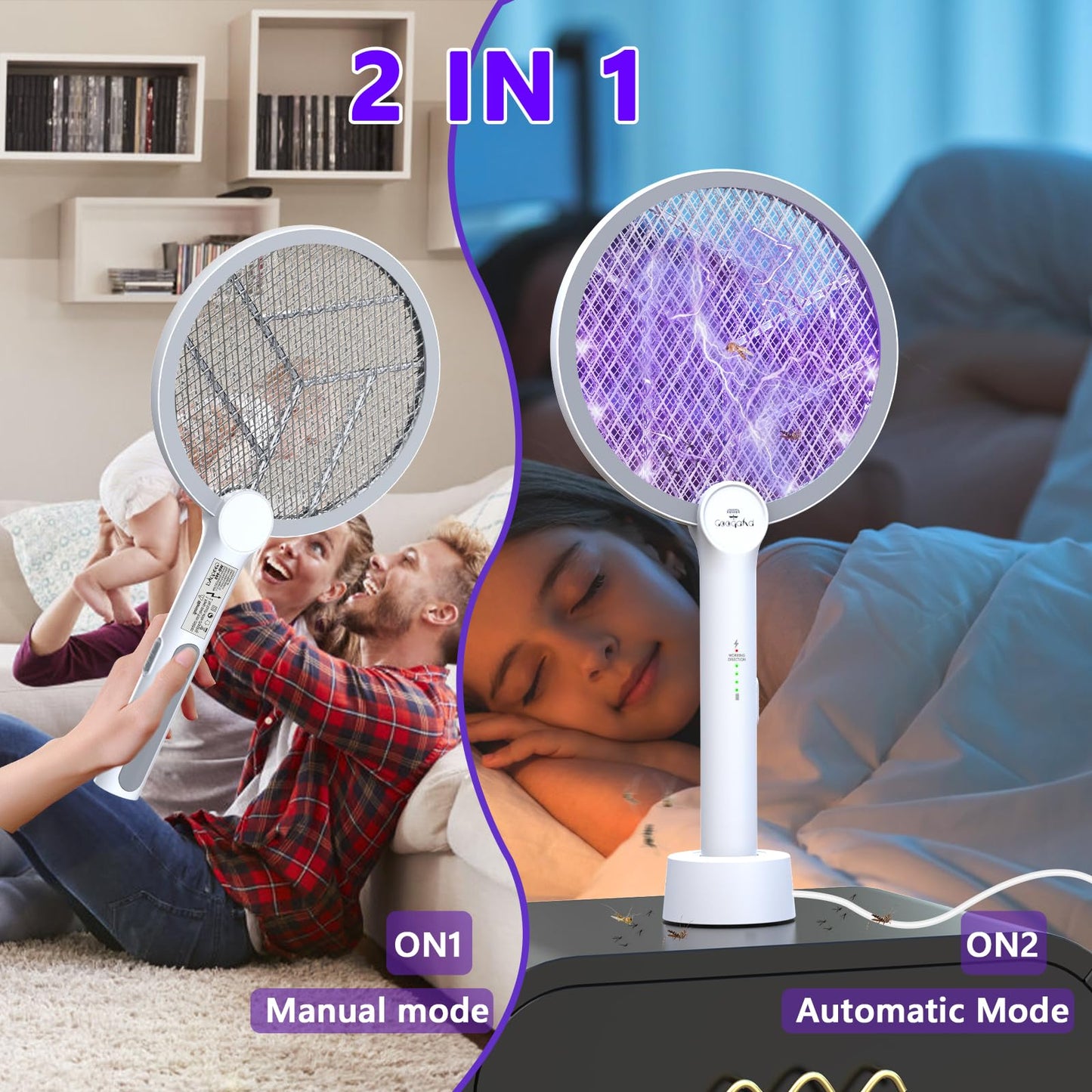 GooQand Bug Zapper Racket, 2 in 1 Mode Electric Fly Swatter USB Rechargeable, 4000V Electric Fly Zapper with 3 Layer Safety Mesh, Indoor Outdoor Electric Racket for Kitchen, Bedroom, Camping