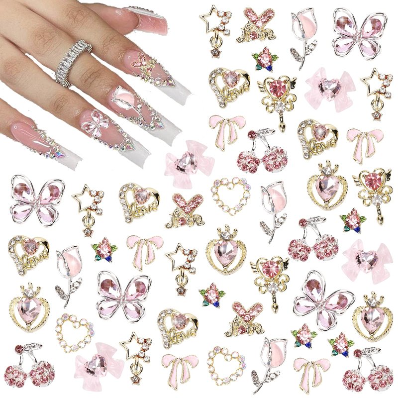 CUBLIVE 24PCS Nail Charms Y2k Alloy Nail Art Rhinestone Charms 3D Heart Star Bow with Rhinestones Cherry Nails Gems Shiny Jewelry Nails Decorations Accessories Supplies (AD24)