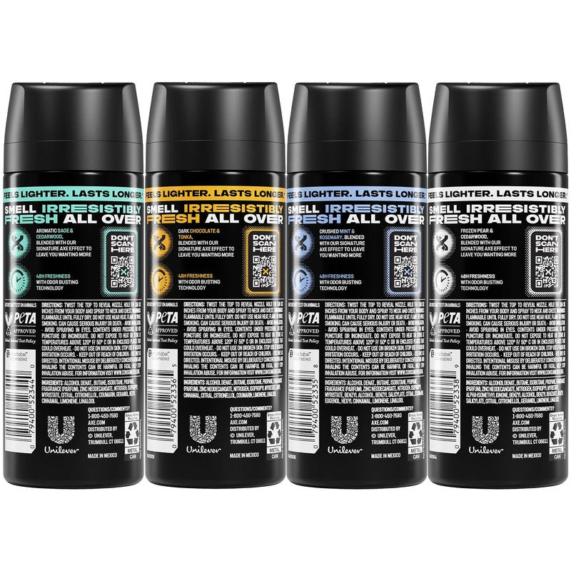 AXE Aluminum-Free Deodorant Body Spray Variety 8-Pack (Apollo, Phoenix, Black, Dark Temptation) – 48H High-Definition Scent & Odor Protection, 2.9 Oz Ea