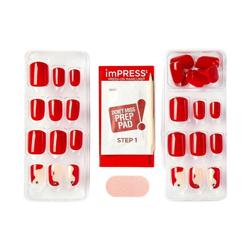 KISS imPRESS Press-On Manicure Fake Nails – Adore You, Short, Square, Red, Easy Press On, Chip Proof, Smudge Proof, Waterproof, No Dry Time, Comfortable & Secure, Super Hold Adhesive | 30 Count