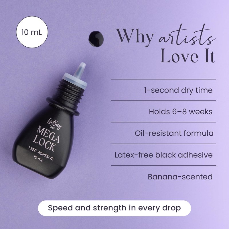 LivBay Mega Lock Lash Glue, Professional Eyelash Extension Glue, Fast Drying Banana-Scented Adhesive, Extra Strong Oil-Resistant Lash Bond with Long Retention, Black Formula, 10mL