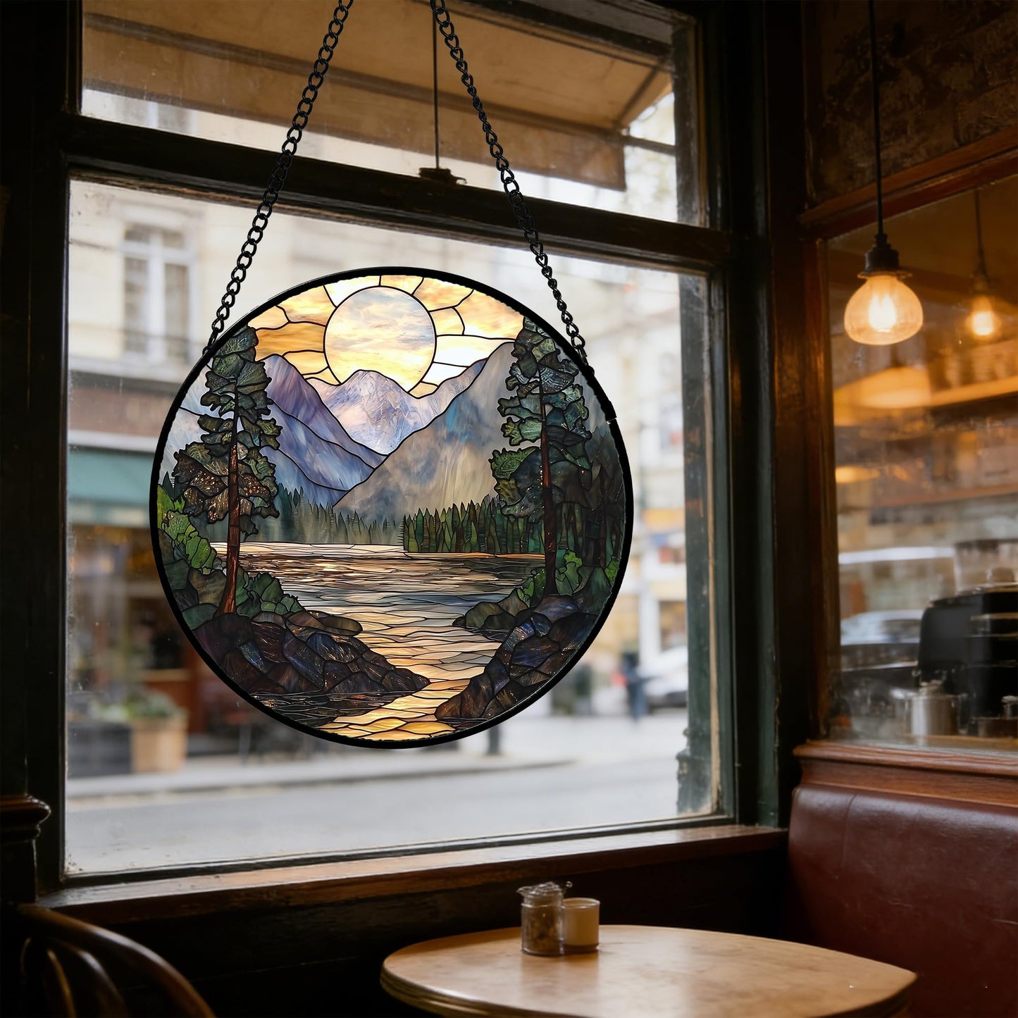 AMDERVEN Stained Glass Window Hanging, Sunset Mountains Lake Tree Sun Catcher for Window Home Decor Landscape Suncatcher Mother's Day Birthday Gifts for Women Men Mom and Nana 15 in