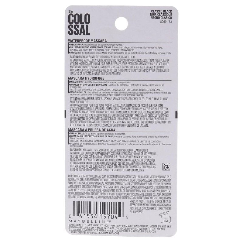 Maybelline Volum' Express Colossal Waterproof Mascara - Volumizing, Clump-Free Formula in Classic Black, 1 Count