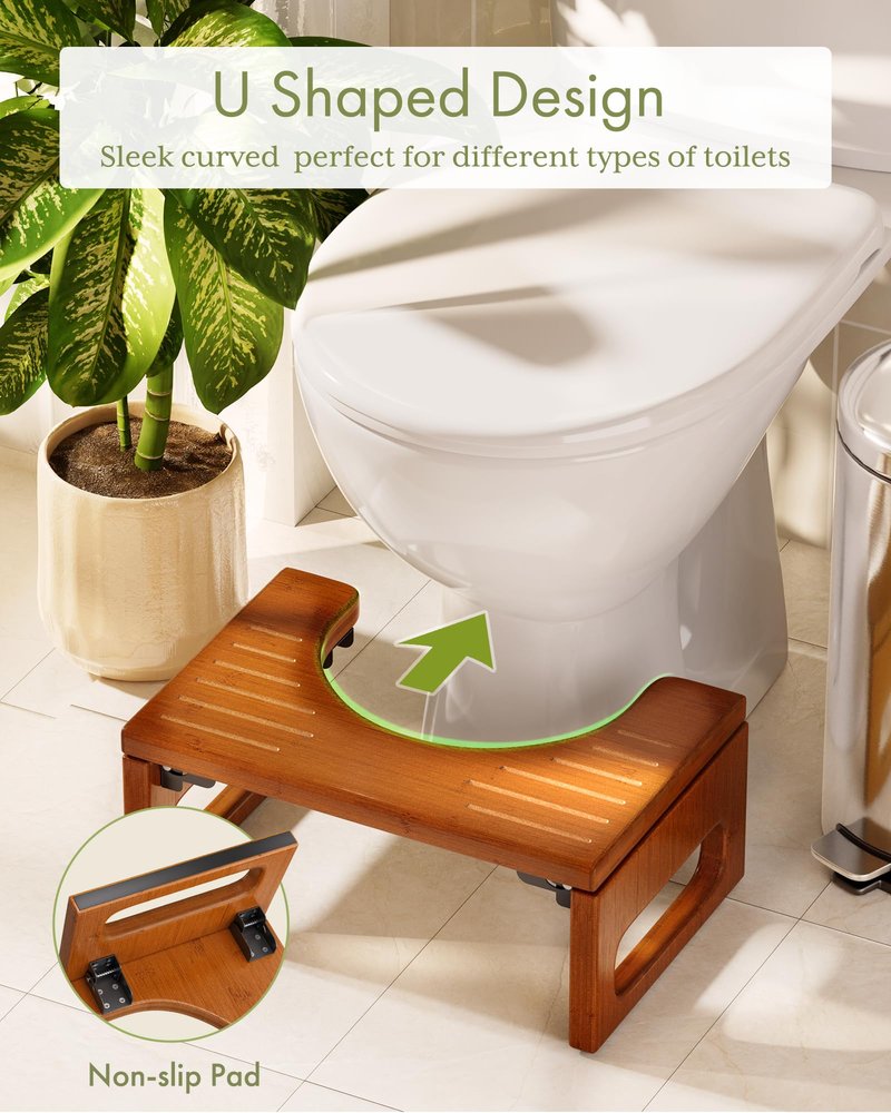 AmazerBath 7 Inches Bamboo Toilet Stool Squat for Adults, Foldable Squatting Potty Stool for Bathroom, Toilet Foot Pooping Steps Stools with Non-Slip Strip, Improve Bathroom Posture and Comfort, Brown