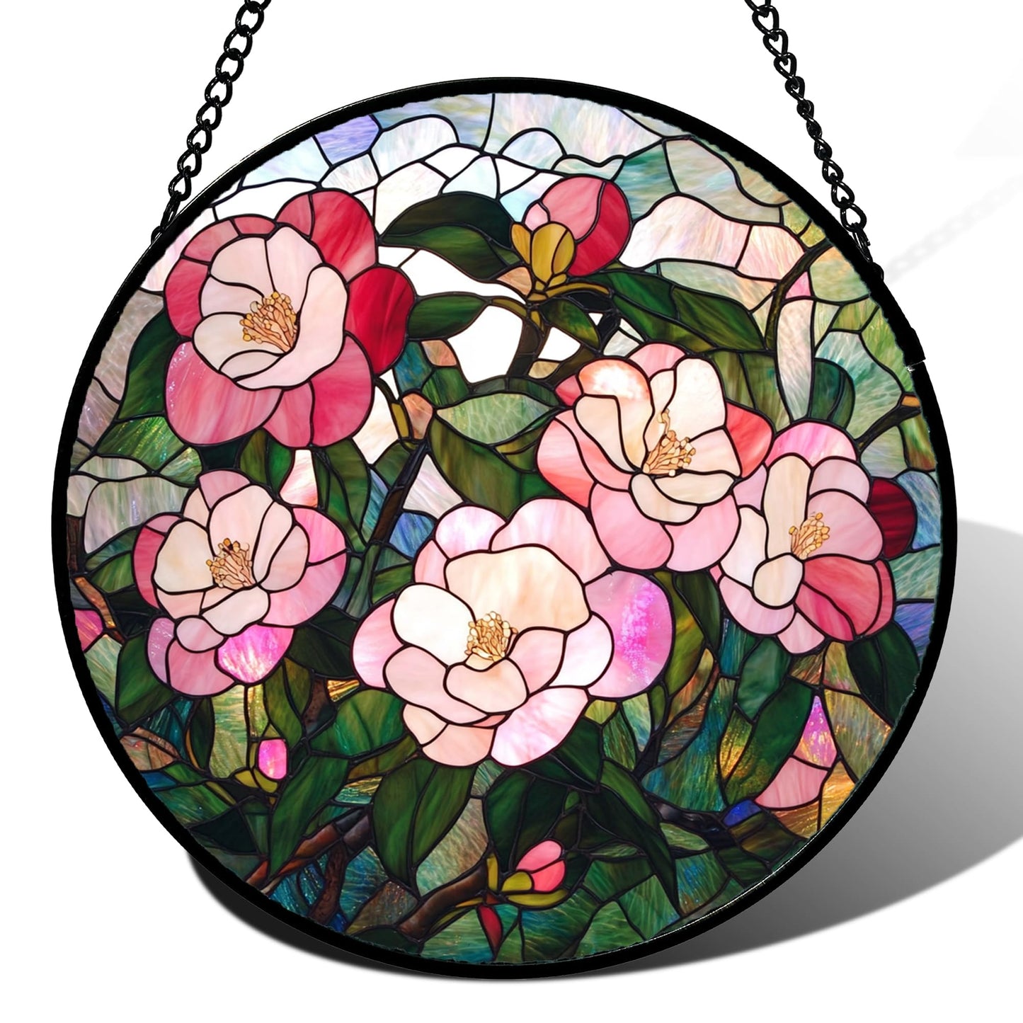 QZQCBLC Stained Glass Window Hanging Pink Rose 7.8" - Green Suncatcher Door Garden Sun Catcher Home Decor Birthday Christmas for Mom Men Woman Nana Wife Friend Plant Lovers
